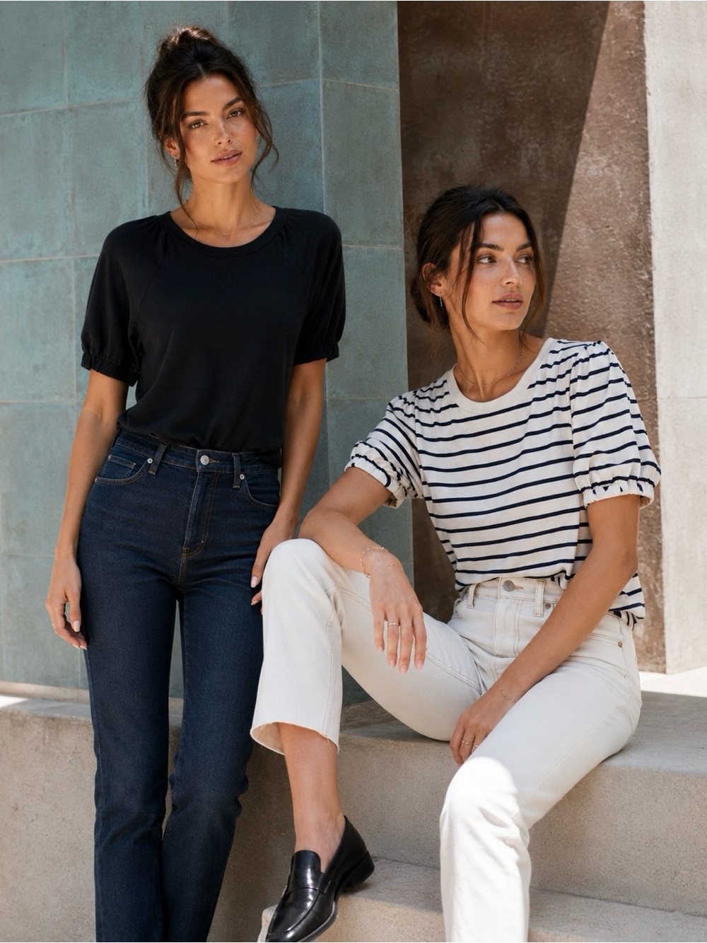 French Connection & ABLE BUNDLE Navy Stripe & Black Puff Sleeve Tee, Sz Small